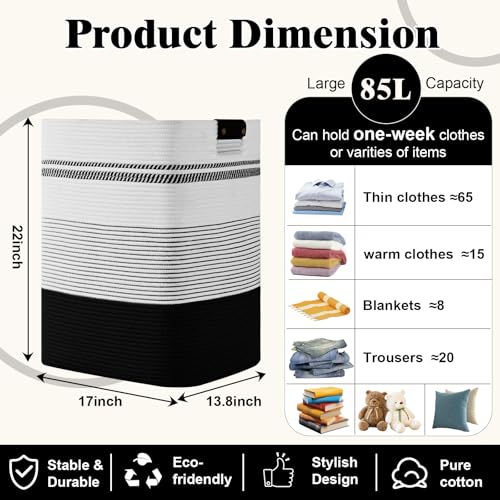 Image of Laundry Hamper, 85L Tall Laundry Basket with Leather Handles, Rectangle Large Clothes Hamper for Organizing, Cotton Woven Laundry Baskets Storage Hampers for Bedroom, Nursery, Living Room