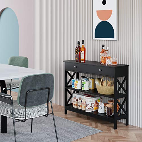 Kealive Console Table with 1 Drawer, Tall Entryway Table with 3-Tier Storage Shelves, Narrow Sofa Entry Table for Hallway Living Room, Sturdy Wood X Frame, 39.4 x 11.8 x 31.5 inches, Modern Black