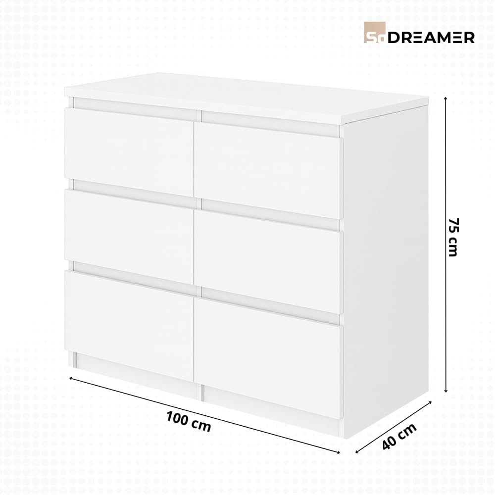 Kommode Basic Weiß mit 6 Schubladen | Viel Stauraum, 100x75x40 cm | Schubladenschrank für Schlafzimmer, Wohnzimmer, Büro oder Kinderzimmer