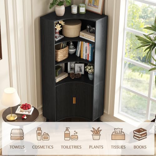 Image of Tall Corner Cabinet with Fluted Doors, 5-Tier Coffee Bar Cabinet | Narrow Storage Cabinets with Adjustable Shelves, Bathroom Organizers and Storage for Small Space, Black
