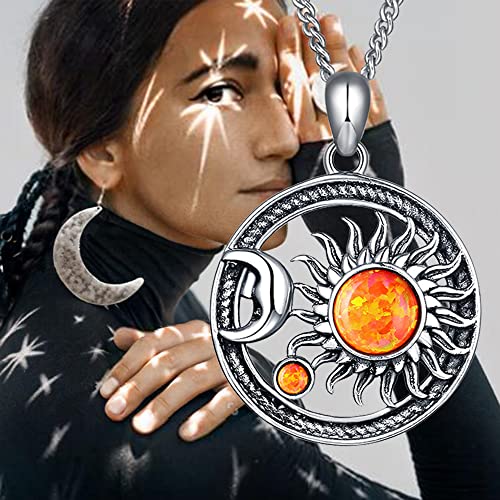 925 Sterling Silver Orange Fire Opal Sun Moon Pendant Necklace For Women Men Boys Wiccan Vintage Cosmic Celestial Hippie Statement Gothic Yin Yang Protection Witchy Jewelry Sister Wife Daughter Girlfriend Mom Grandma Valentine Birthday Gifts #TOP3