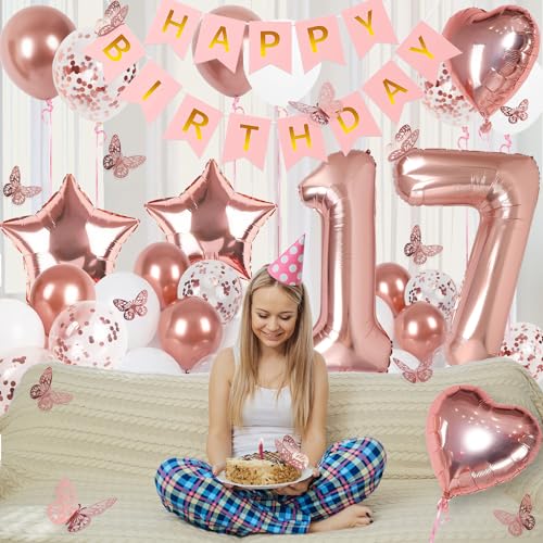 Image of Rose Gold 17th Birthday Decorations for Girl, 17 Year Old Sign with Happy Birthday Banner, 40In Number 17 Foil Birthday Balloons, Butterfly Decorations, Heart and Star Balloons