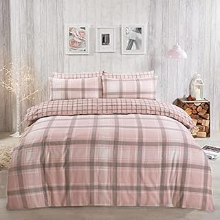 Dreamscene Aspen Check Duvet Cover with Pillow Case 100% Brushed Cotton Flannelette Tartan Thermal Bedding Set, Blush Pink - King DDHSASPBL03