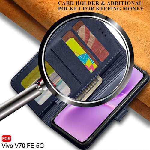 Image of TheGiftKart Genuine Leather Finish Flip Back Cover Case for Vivo V70 FE 5G | Inbuilt Pockets & Stand | Wallet Style | Designer Button Magnet Flip Back Cover Case (Faux Leather, Blue)