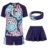 GRACE KARIN Girls,Big Kid, 3-Piece Rashguard Sets Short Sleeve Swimsuit Swim Skirt Zip Front Swimwear Navy 7Y