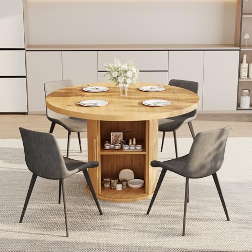 Image of HIPIHOM 5-Piece Dining Set for Small Spaces 43.3 inch Round Table & 4 PU Leather Chairs, Modern Farmhouse with Storage Shelf, Apartment Kitchen Easy Assembly (Natural Color Round Table + 4 Gray Chairs)