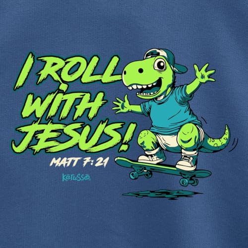 Kerusso Boy's Christian Crewneck Pullover Kid's Graphic Sweatshirt Cotton and Polyester Blue Dino Skateboard Roll With Jesus2