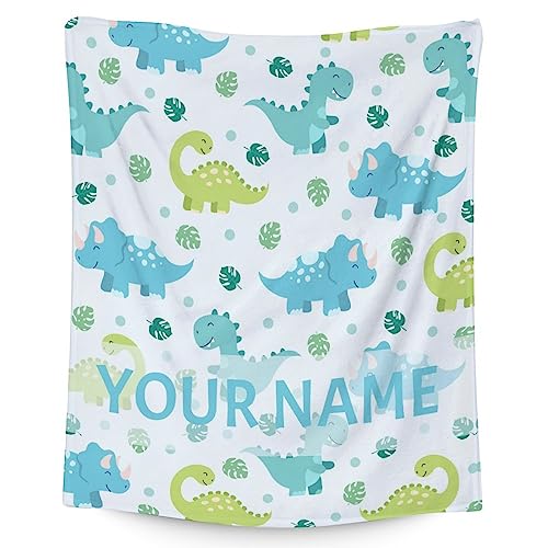 Personalized Dinosaur Blanket Gifts with Name - 50"x60" Cute Throw for Girls & Boys - Blue Soft Fuzzy Blankets for Bed, Couch & Living Room