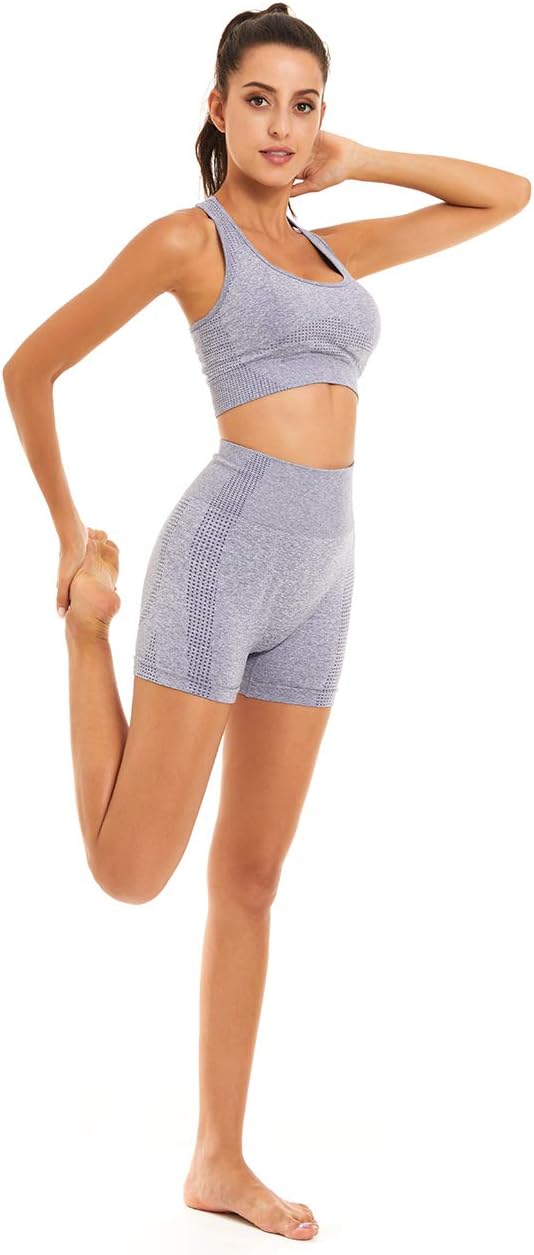 Women Seamless Yoga Workout Set 2 Piece Outfits Gym Shorts Sports Bra