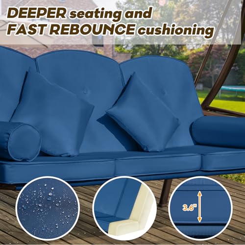 Image of 3 in 1 Outdoor Porch Swing with Adjustable Canopy, 3 Seat Outdoor Swing for Adults, Patio Swing Chair with Thickened Cushions,Pillows & Cup Holders for Backyard, Porch, Garden (Blue)