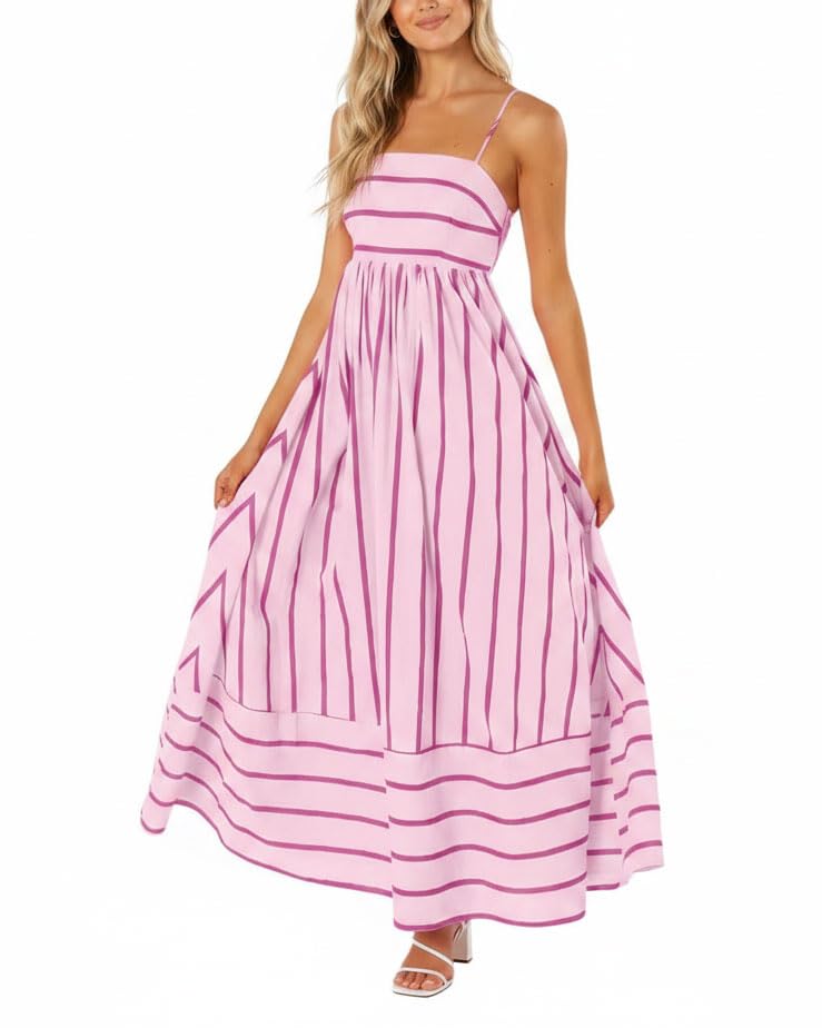 Image of chouyatou Women's Striped Back Smocked Maxi Dress Sexy Spaghetti Strap Cut Out Flowy Swing Long Dress