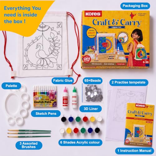 Image of Kores Craft & Carry Lippan Art Kit for Kids | DIY Indian Art Canvas Bag Painting Kit | Dual-Sided Drawstring Bag | Acrylic Colours, Sketch Pens, 3D Liner, Beads, Fabric Glue & Manual | Age 6-99
