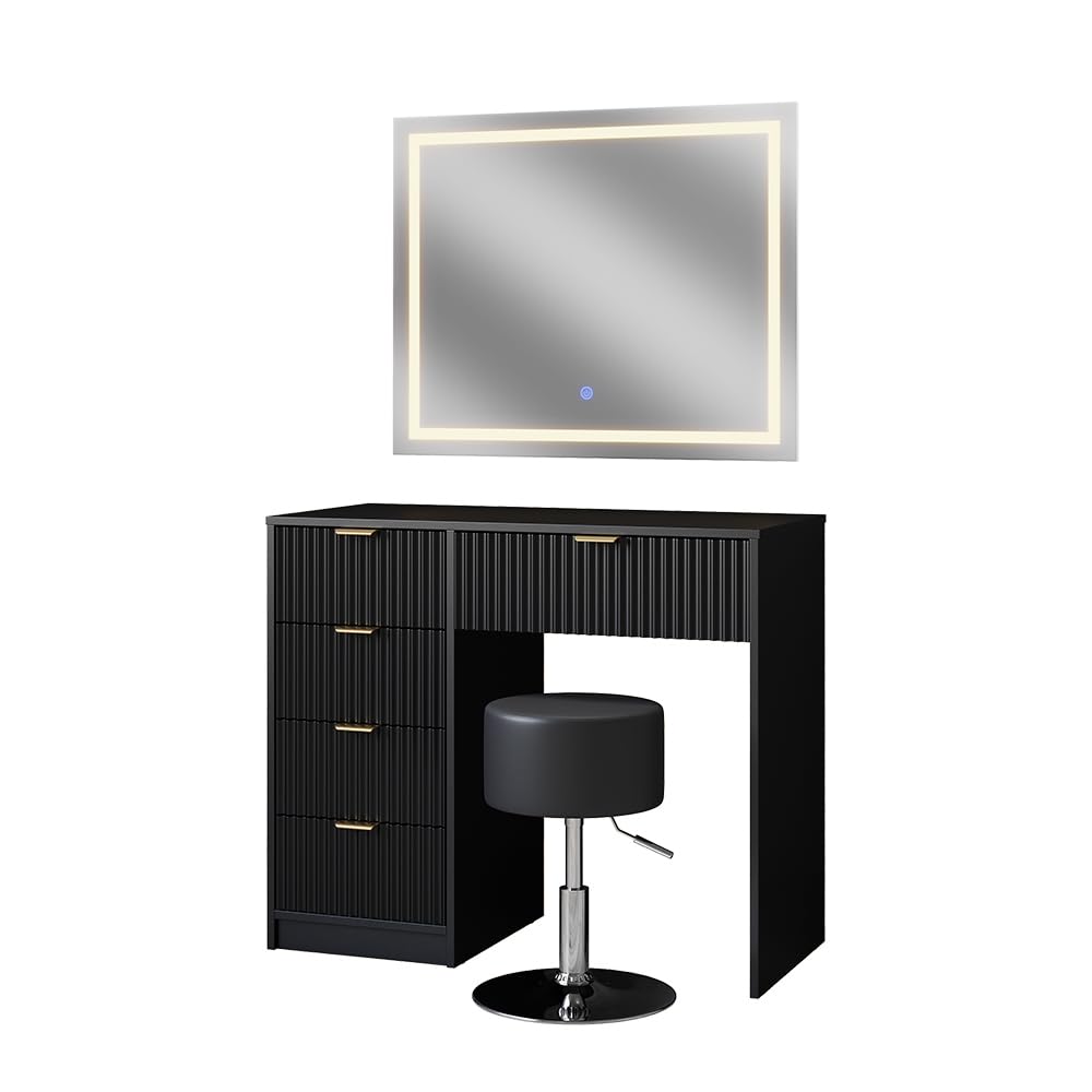 Coiffeuse Vicco Grace Noir Avec Miroir LED Et Tabouret - Moderne - NEUVE