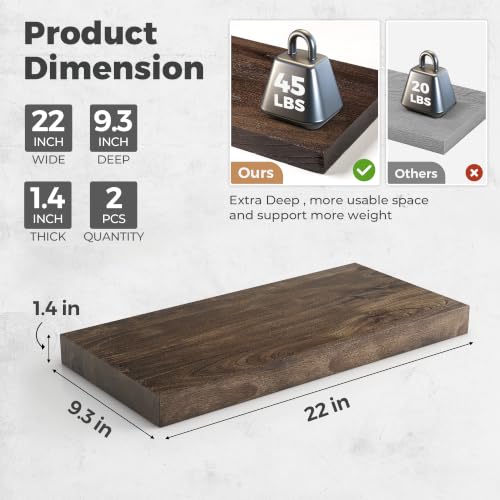 Image of RICHFOCUS Elm Floating Shelves for Wall - 22 inch W x 9.3 inch D Rustic Solid Wood Shelves with Invisible Bracket, Wall-Mounted for Living Room, Bedroom, Kitchen Storage & Display, Set of 2, Walnut