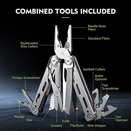 17-In-1 Multitool With Replaceable Pliers Jaws Needle Nose&Regular Pliers Knife Scissors Bottle&Can Openers Phillips&Slotted Screwdriver File Ruler Threading Needle Bits Nylonsheath Belt Clip #TOP3