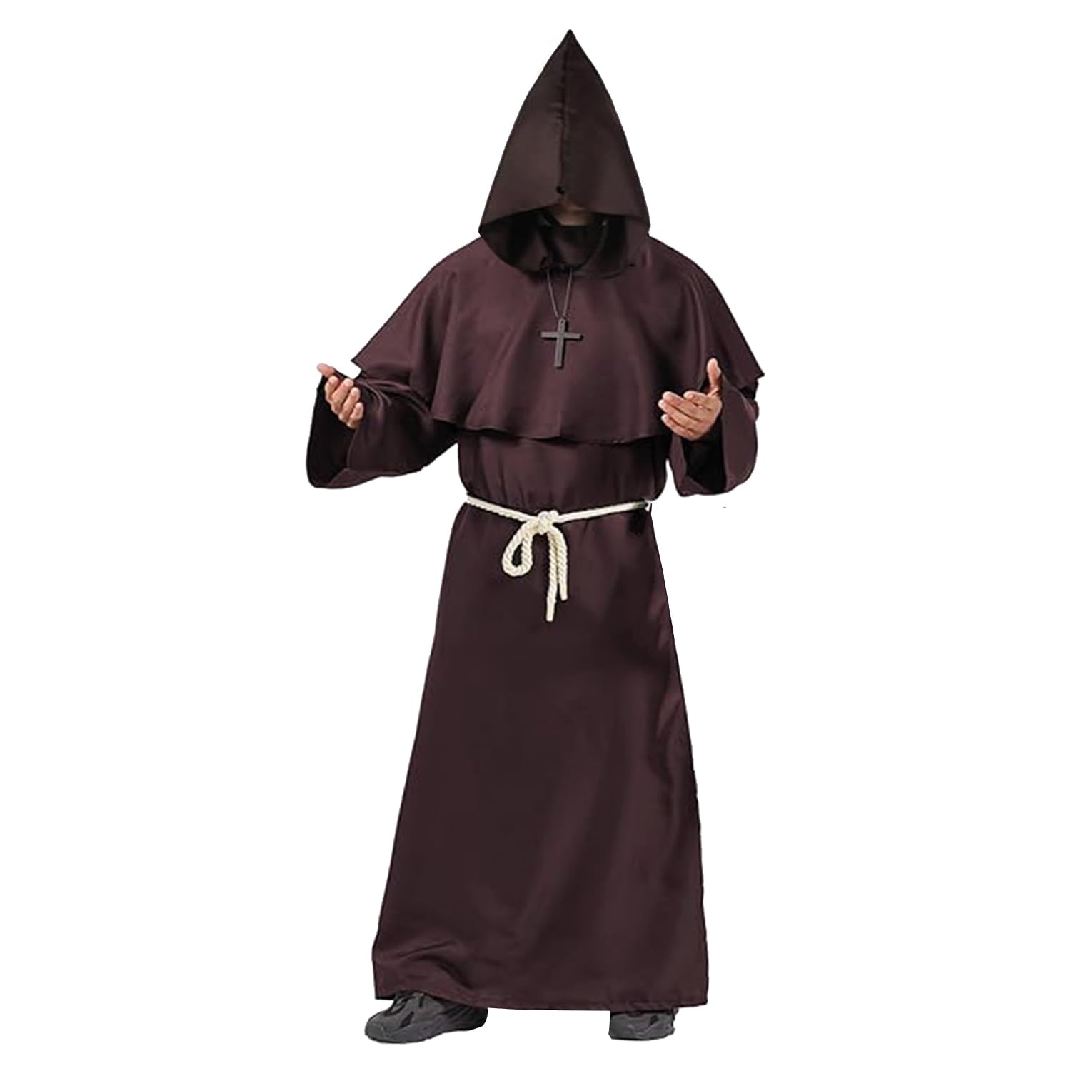AirSuit Medieval Monk Adult Costume  Long Robe with Hood + Wooden Cross | Size L 175 to 180 cm | Religious Men's Outfit | Carnival, Halloween | OriginalCorner