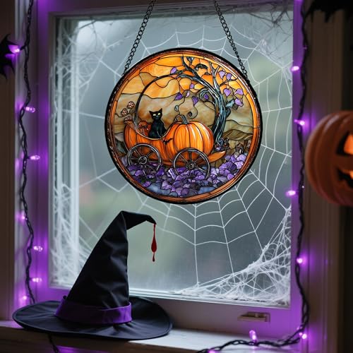 Image of Stained Glass Window Hanging - Halloween Pumpkin Carriage Black Cat Suncatcher for Doors Window Garden Spooky Sun Catchers Gothic Decor Horror Gifts for Women Men Friend Boy Girl 9.8 in