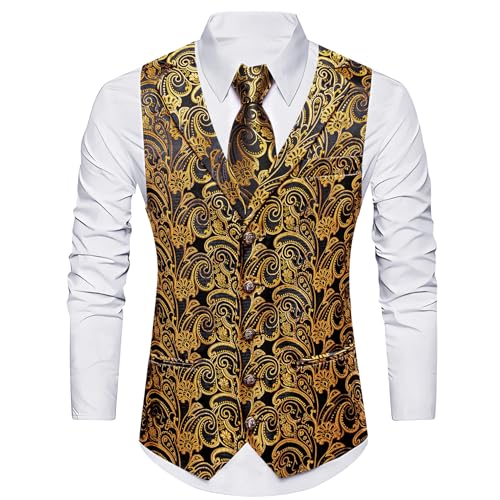 Image of Barry.Wang Mens Silk Lapel /Shawl Collar Vest Tie Sleeve Holder Set Formal /Casual Paisley Vests Wedding Tuxedo Waistcoat