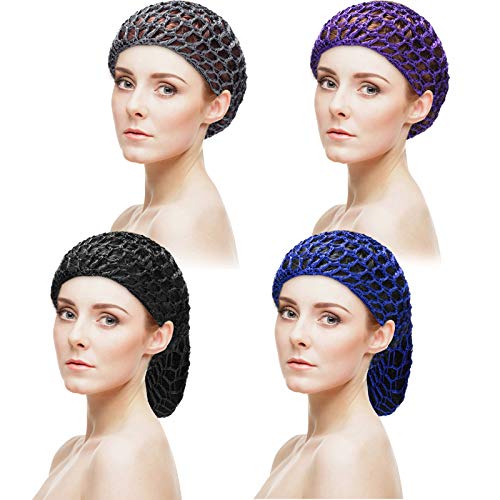 4 Pieces Mesh Hair Net Rayon Head Bands for Sleeping Crochet Hairnet, Hair Covers Ornament, Hair Accessories for Women, Assorted Colors (Purple and Gray, Royal Blue and Black)