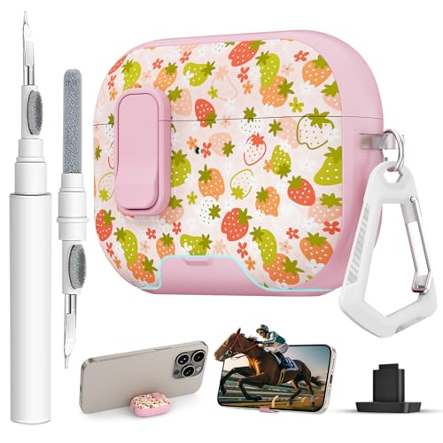 Image of for AirPods Pro 3 Case with Lock & Phone Stand,Cute Floral Pattern Style | PC & TPU Dual Layer Protective Cover with Keychain & Cleaner Pen for Apple AirPod Pro 3rd Generation Women (Strawberry)