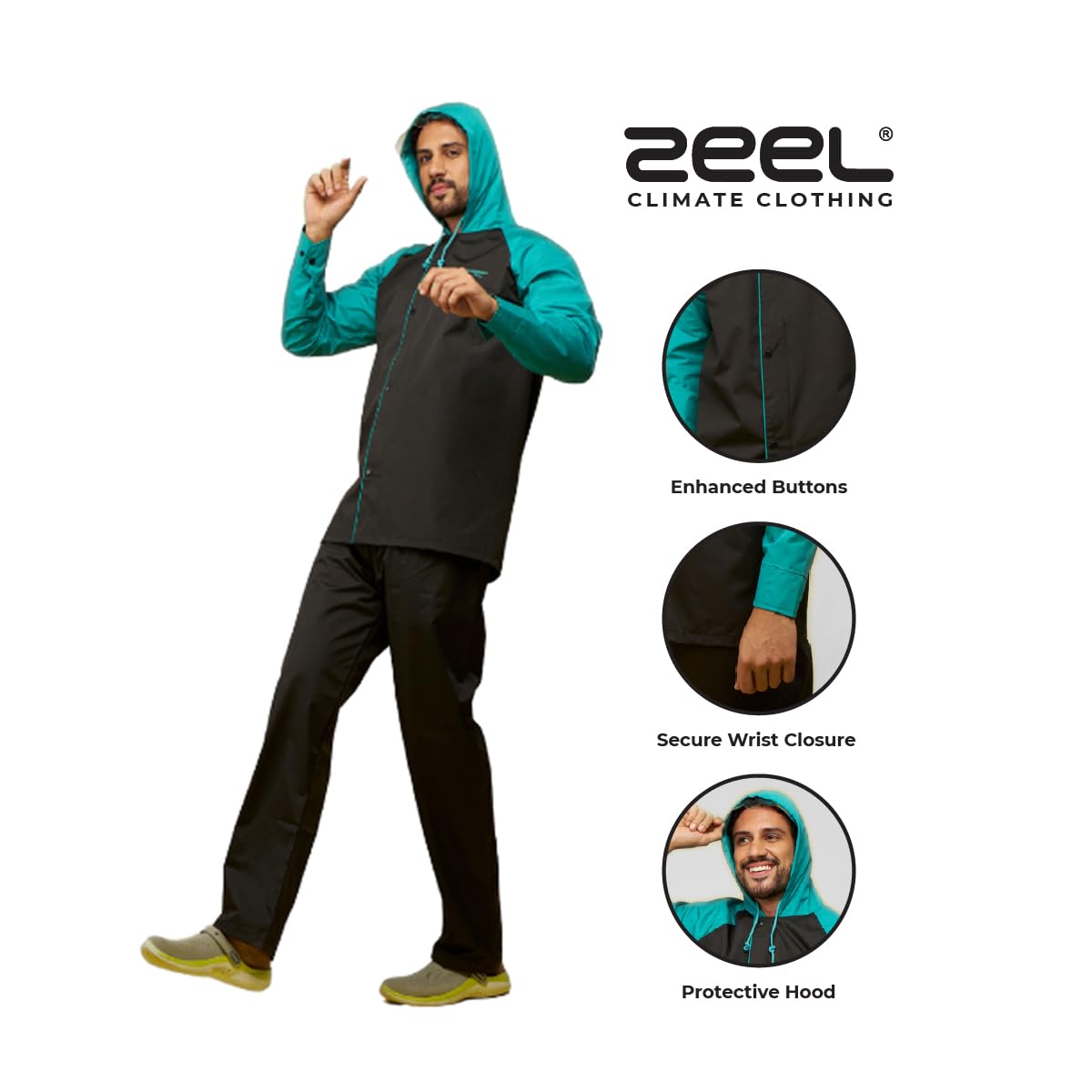 WATER FIGHTER by ZEEL Rain Coat for Men with Adjustable Hood, Polyester Waterproof Full Sleeves, Top and Bottom Set Rainwear, Front Zip with Snap Button Flap, Lightweight (EWF87, Black & Green, 2XL) - Image 5 thumbnail
