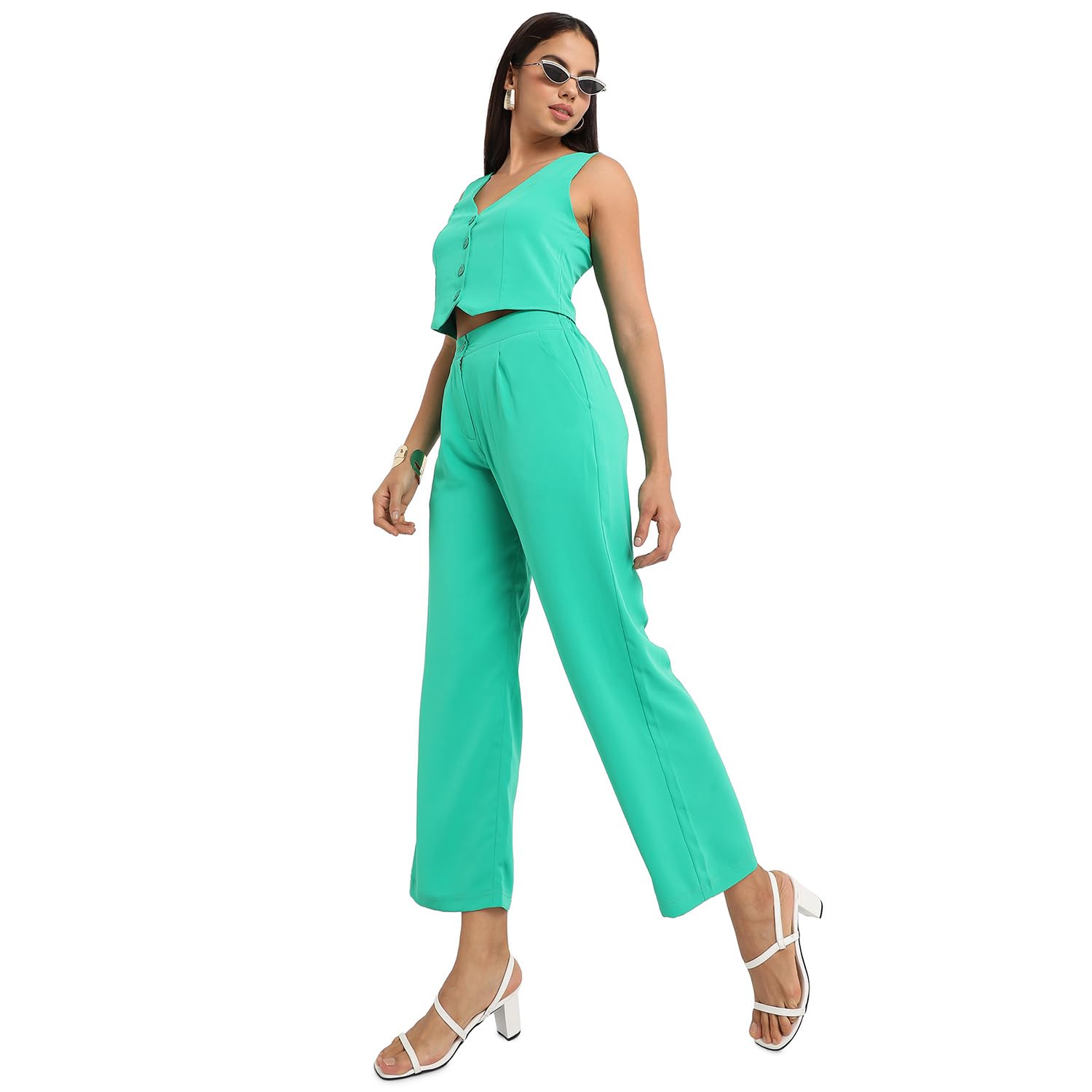 Campus Sutra Women's Aqua Green Chic Vest Co-Ord Set for Casual Wear | Sleeveless | Polyester Fabric | V Neck Clothing Set Crafted with Comfort Fit for Everyday Wear (Size:S) 2