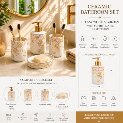 Image of Market99 Ceramic Bathroom Set Glossy White and Golden with Sophisticated Leaf Design, Includes Soap Dispenser, Tumbler, Toothbrush Holder, and Soap Dish for Coordinated Bathroom Style, 300ML Capacity