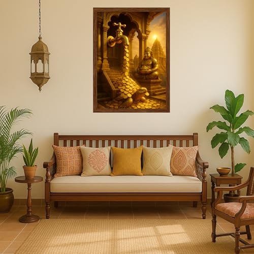 Image of DIVARTH Vastu Money Tap Frame - Gold Coin Flow Painting for Living Room, Home, Office Decor - West Wall Wealth Attraction & Positive Energy - 10x13 Inch (Brown)