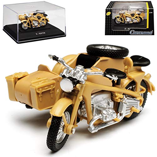 Cararama Zündapp KS750 Braun mit Seitenwagen mit Sockel und Vitrine 1/43 Modell Motorrad