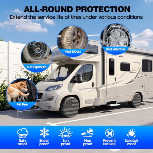 Image of Moonet PU Thickening Leather Tire Wheel Covers 2 Pack- Tough Tire Wheel Protector for Truck,SUV,Motorhome,Camper,Trailer,RV - Universal Fits Tire Diameters 24-26 inches,Gray Flag