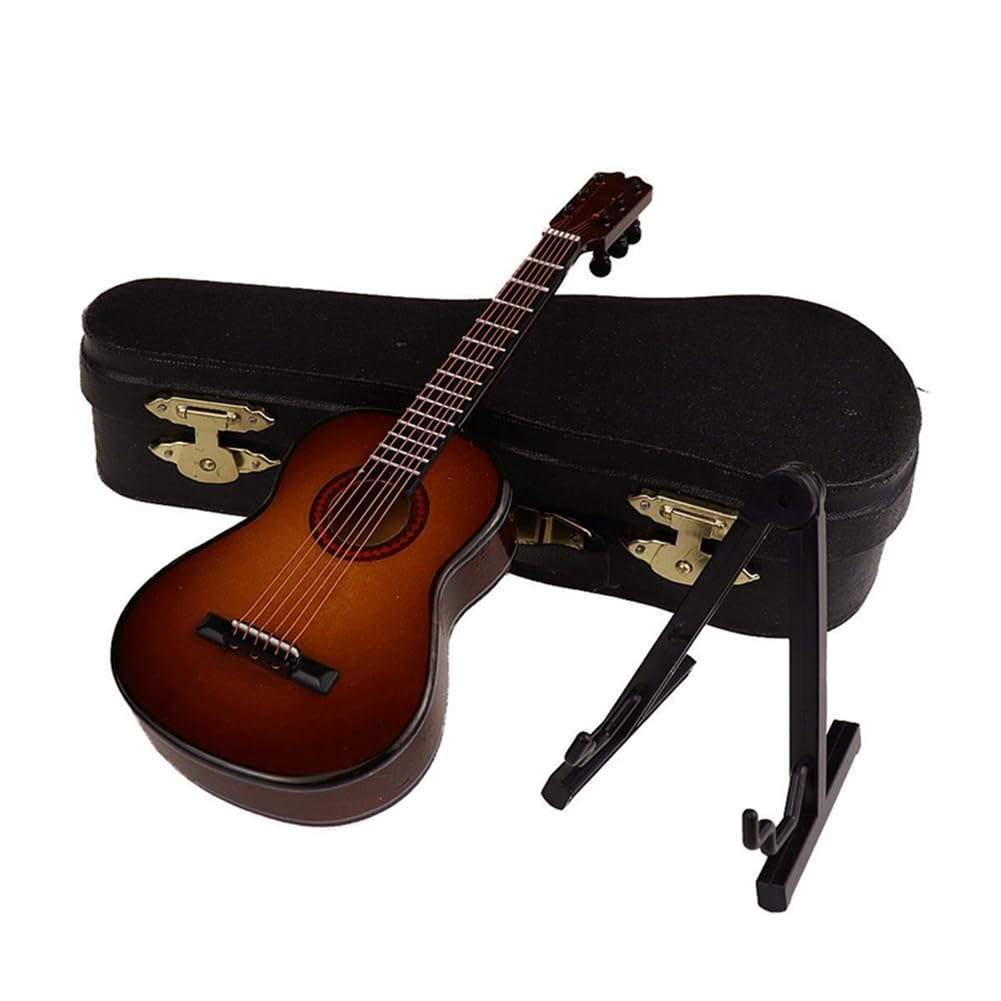 CTRLZS E-Wooden Miniature Guitar with Stand and Case Mini Musical Instrument Miniature Doll House Model Home Decoration Easy Install Easy to Use