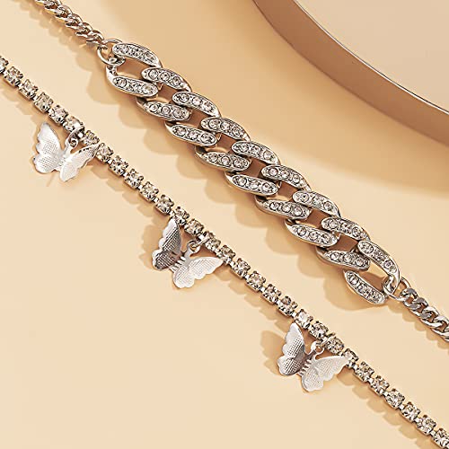 Image of Layered Butterfly Anklet for Women Charms Butterfly Gold Plate Silver Plate Rhinestone Cuban Anklets Adjustable Anklet for Summer Beach