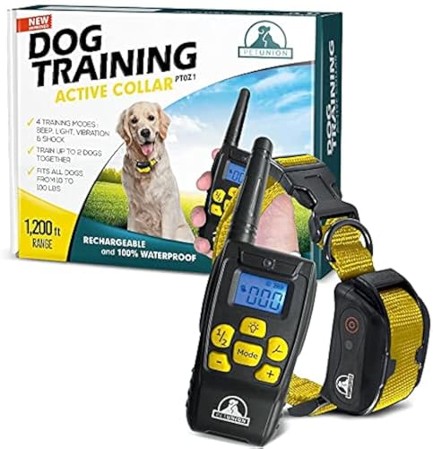 pet union pt0z1 premium training shock collar for dogs with remote - fully waterproof, 4 adjustable training modes - shock, vibration, beep - up to 1200ft range