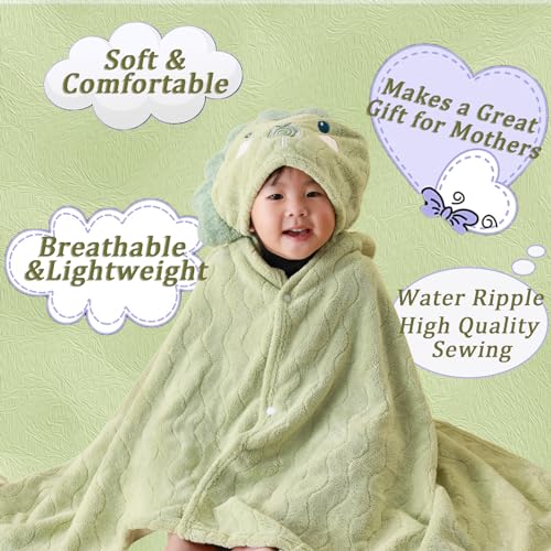 Image of Unisex Toddler Bath Towel with Hood, 27.5 inchX55 inch, Green, Anime Dinosaur Pattern, Coral Fleece, Machine Wash, 1 Count