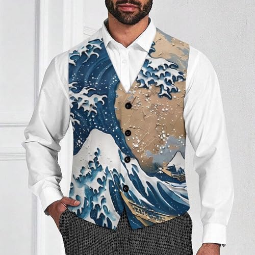 The Great Wave of Kanagawa Art Men's Suit Vests Business Formal Dress V-Neck Waistcoat Tops with 2 Pockets2
