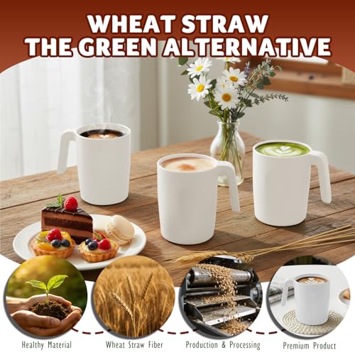 Image of 6PCS Unbreakable Wheat Straw Mugs Set, 16 OZ White Coffee Mugs | Lightweight Plastic Drinking Glasses with Handle for Daily Use, Camping