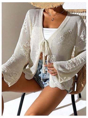 Floerns Women's Tie Front Crochet Lightweight Long Sleeve Cardigan Sweaters Boho Beach Hollow Out Lace Cover Up4