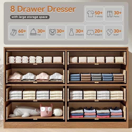 Image of Fluted Dresser for Bedroom with 8 Drawer, 55 inch Wide Wooden Dresser Mid Century Chest of Drawers w /Gold Handle, Fluted Dressers TV Stand Closet Storage Organizer for Living Room, Natural Oak