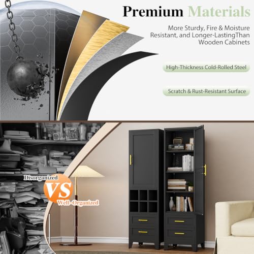 Image of Tall Narrow Pantry Cabinet for Kitchen, 67 inch H Metal Storage Cabinet with Drawers, Doors & 3 Adjustable Shelves for Dining Room, Living Room, Home Office, 20 inches Wide, Black