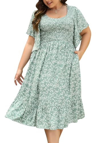 Keluummi Plus Size Wedding Guest Midi Dress for Curvy Women, Summer Casual Boho Floral Empire Waist Party Dress with Pockets