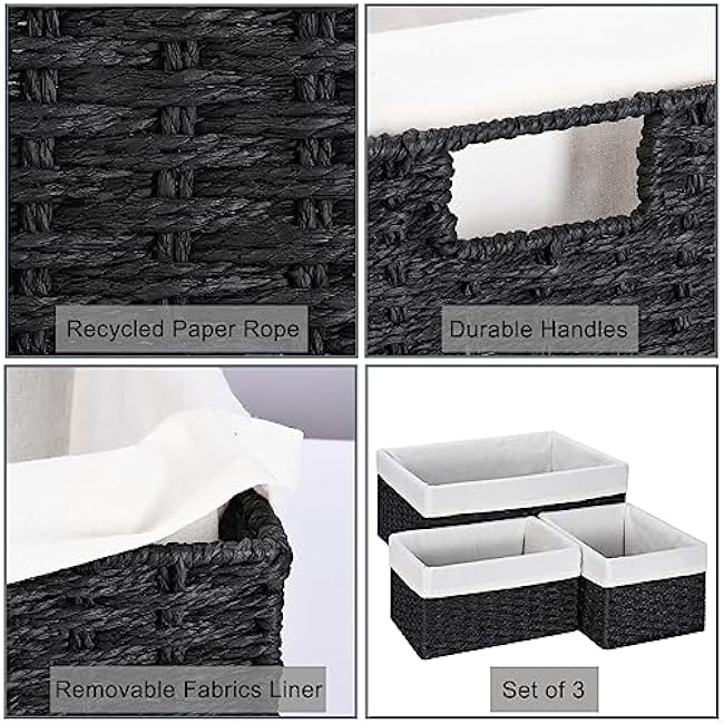 Vagusicc Storage Basket, 3-Pack Woven Paper Rope Wicker Baskets for Storage with Handles, 15 Inches Large Cube Storage Bins Woven Storage Baskets with Liners for Shelves Organizing & Decor, Black