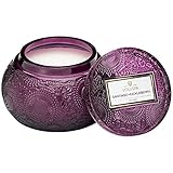 Voluspa Santiago Huckleberry Candle | 14 Oz. | 50 Hour Burn Time | Embossed Glass Chawan Bowl | Coco