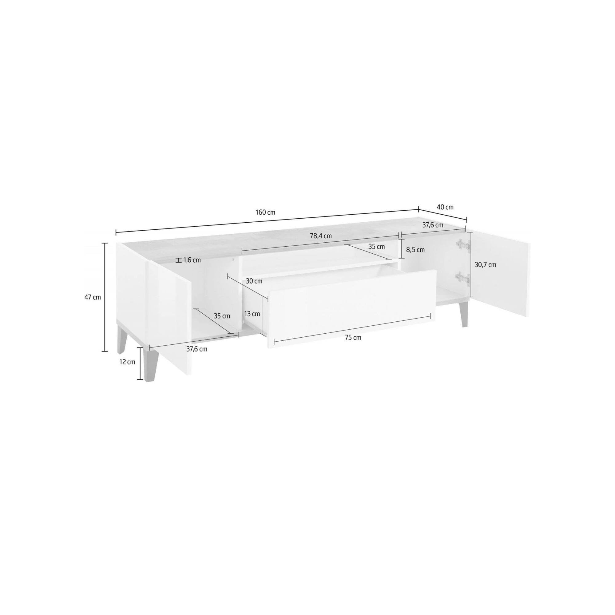 Dmora - Mobile porta TV Ivan, Credenza bassa da soggiorno a 2 ante, Base porta televisione, 100% Made in Italy, cm 160x40h47, Bianco lucido e Acero