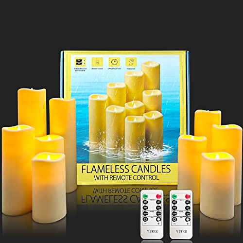YIWER LED Waterproof Plastic Flameless Candles,Battery Operated Candles with 10-Key Remotes,Ivory Flickering Pillar Candle,Outdoor and Indoor Long Lasting for Wedding,Christmas,Decoration(9-Pack)