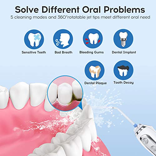 Water Flosser for Teeth, Professional Dental Oral Irrigator with 300ML Water Tank, 5 Mode and 6 Jet Tips, Cordless Portable and Rechargeable Waterproof Water Flossers for Home and Travel