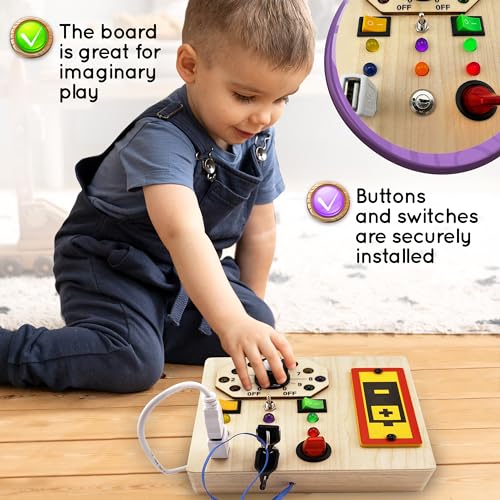 Image of Wooden Montessori Musical Busy Board for Toddlers for 3-5 Year-Old with Mechanical Turner, Colorful Bulbs, Switches, Buttons - Enhance Sensory, Motor Skills (Updated)
