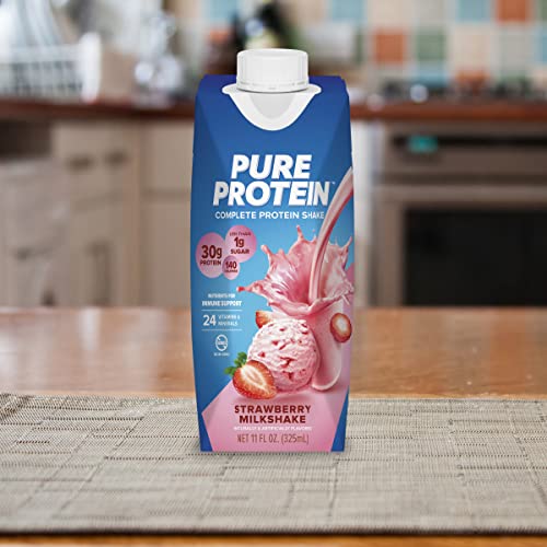 pure protein strawberry protein shake 30g complete protein ready to drink and keto-friendly vitamins a c d and e plus zinc to support immune health 11oz bottles 12 pack