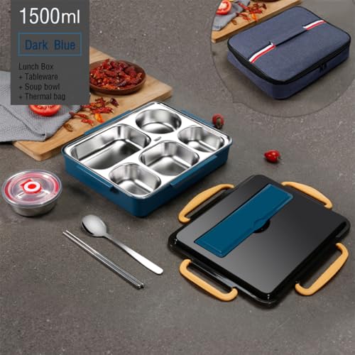 صندوق غداء للاطفال والكبار، صندوق غداء معزول من الستانلس ستيل مكون من 5 اقسام مع اواني ووعاء حساء وشنطة معزولة من السيليكون لاداء مانع للتسرب، امن للاستخدام في الميكروويف، 1.5 لتر/50 اونصة (ازرق)