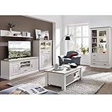 Lomadox Wohnwand im Landhausstil inkl. Couchtisch & Vitrine in Pinie weiß mit Abs. Taupe, B/H/T ca. 348/204/52cm