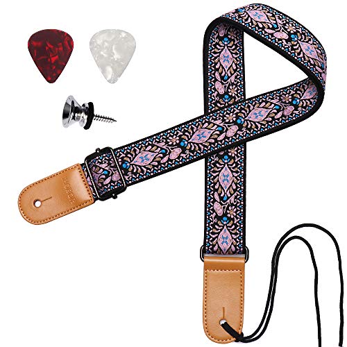Ukulele Strap, IHOBOR Adjustable Premium Leather Ukulele Strap (Jacquard pink flower)